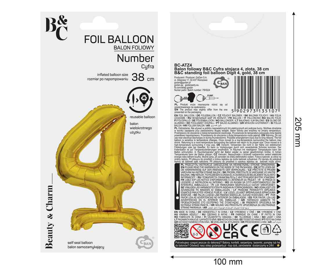 B&C foil balloon Standing digit 4, gold, 38 cm